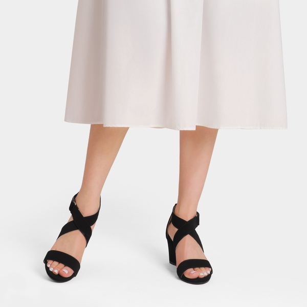 Elastic Ankle Strap Wedge Sandals - BLACK NUBUCK - 1